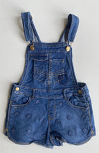 Load image into Gallery viewer, Mayoral kids girls size 6 blue denim shortalls one-piece flowers, VGUC
