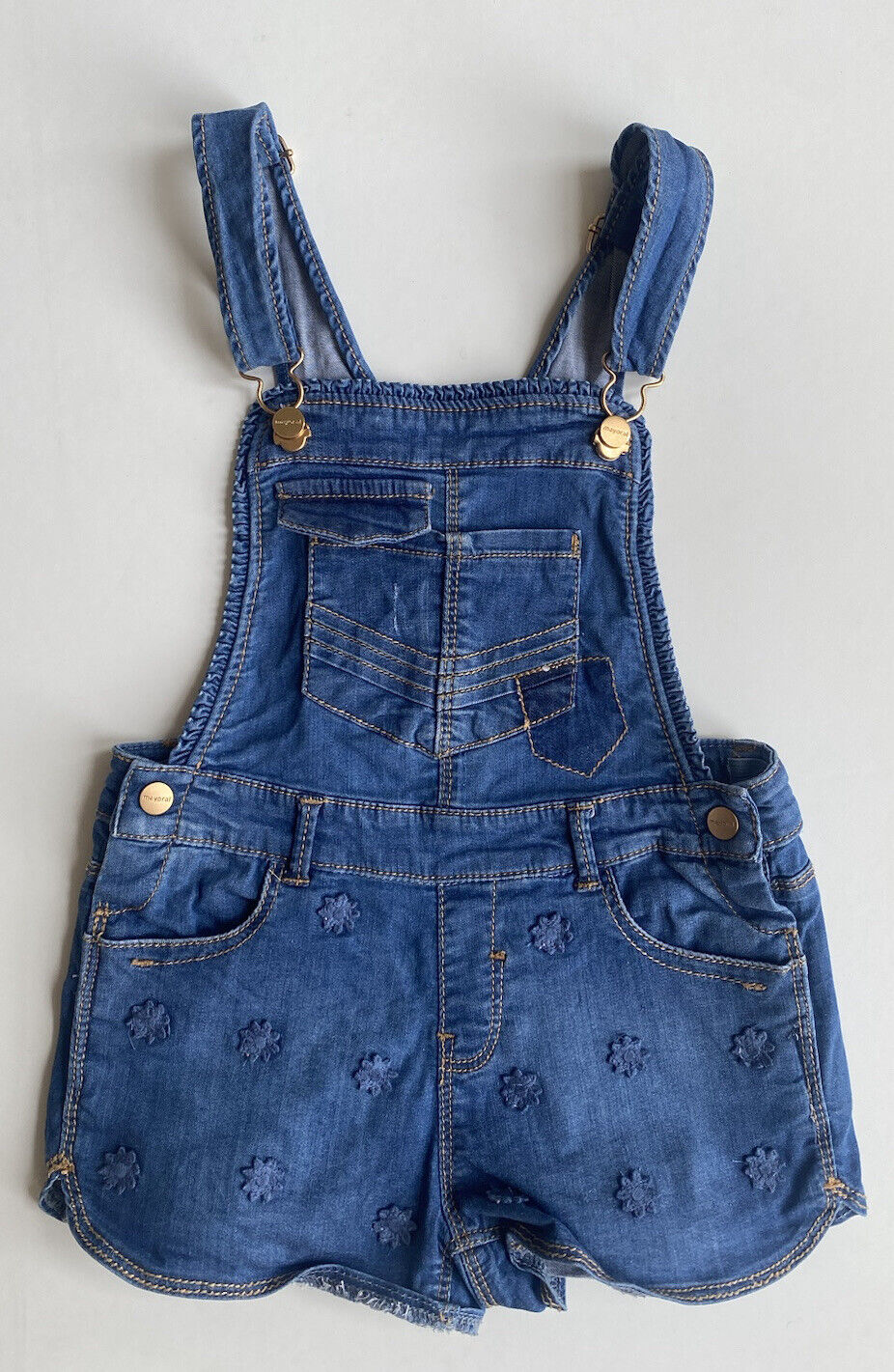 Mayoral kids girls size 6 blue denim shortalls one-piece flowers, VGUC