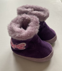 Mini Options baby girl size 1 purple velvet boots pink butterfly fluffy, VGUC