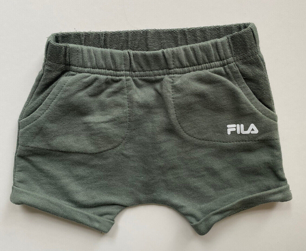 Fila baby size 0-3 months olive green elastic waist shorts logo, EUC