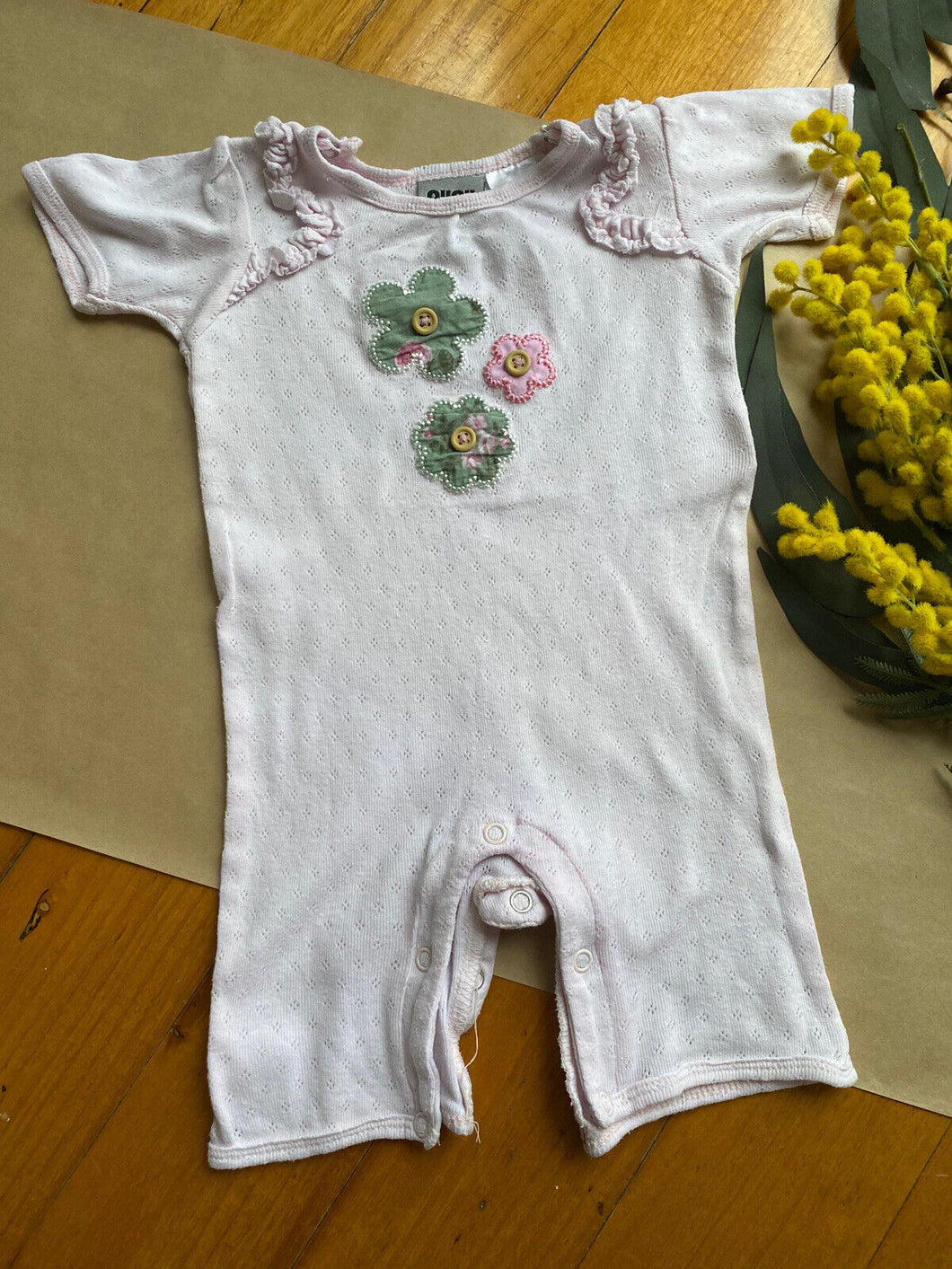 Ouch baby girl size 3-6 months pale pink romper with flowers Summer, VGUC