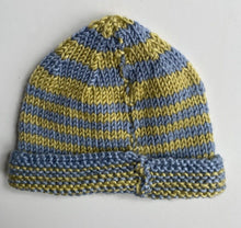 Load image into Gallery viewer, Handmade baby size approx. 0-6 months green blue stripe knitted beanie hat, VGUC
