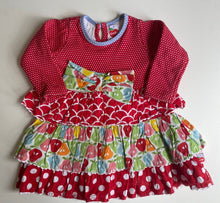 Load image into Gallery viewer, Oobi baby girl size 1 year red long sleeve tiered dress bow pears, GUC
