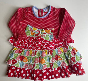 Oobi baby girl size 1 year red long sleeve tiered dress bow pears, GUC