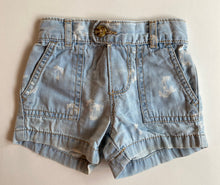 Load image into Gallery viewer, Osh Kosh B&#39;Gosh baby girl size 0-3 months pale blue denim shorts palm trees VGUC
