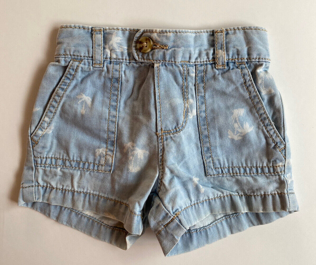 Osh Kosh B'Gosh baby girl size 0-3 months pale blue denim shorts palm trees VGUC