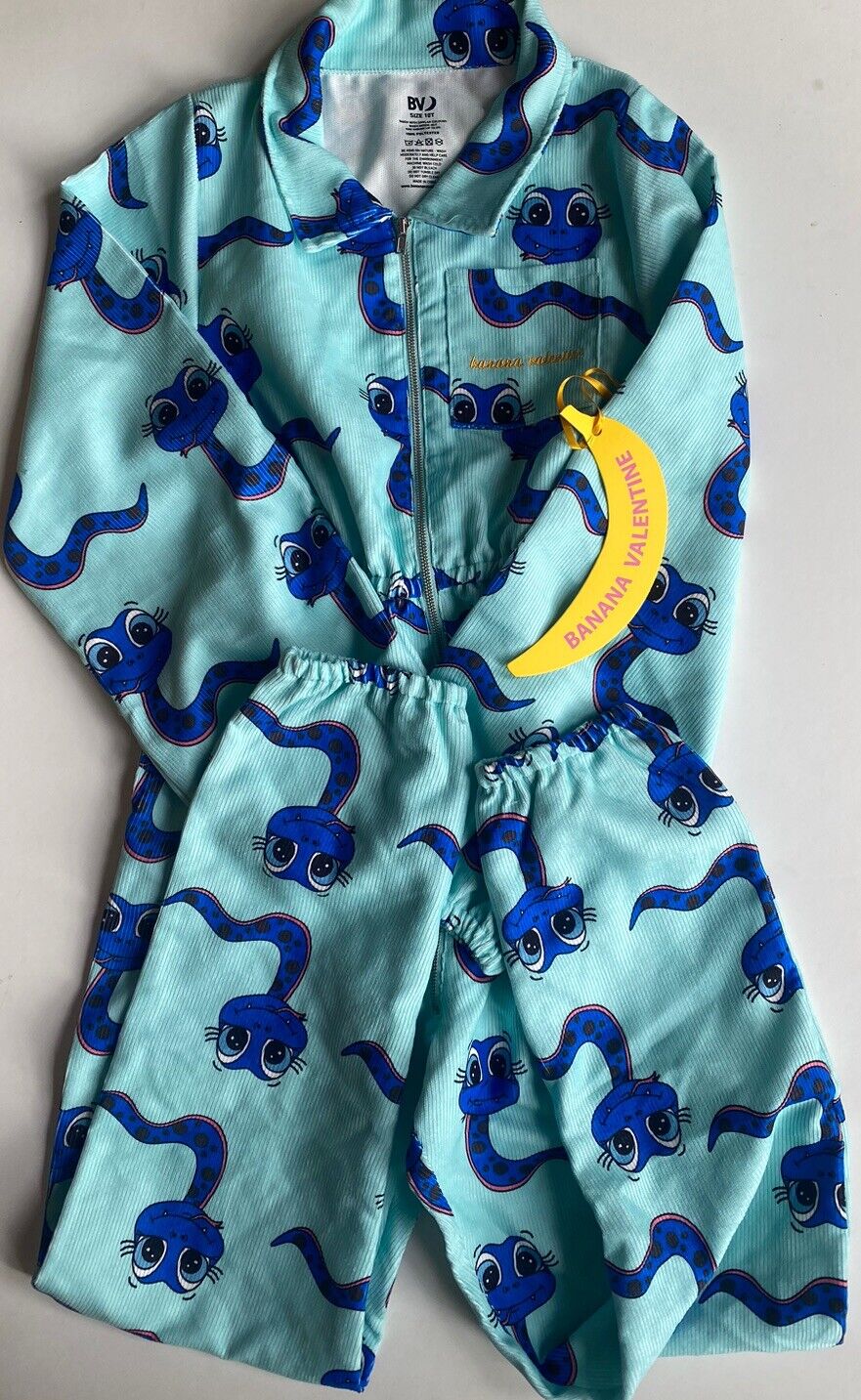 Banana Valentine kids girls size 10 blue cord long sleeve jumpsuit snakes, BNWT