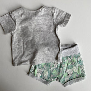 Target baby size newborn grey PJ set green jungle animals t-shirt shorts, EUC