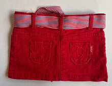 Load image into Gallery viewer, Rhubarb baby girl size 3-6 months red denim belted mini skirt bloomers, EUC
