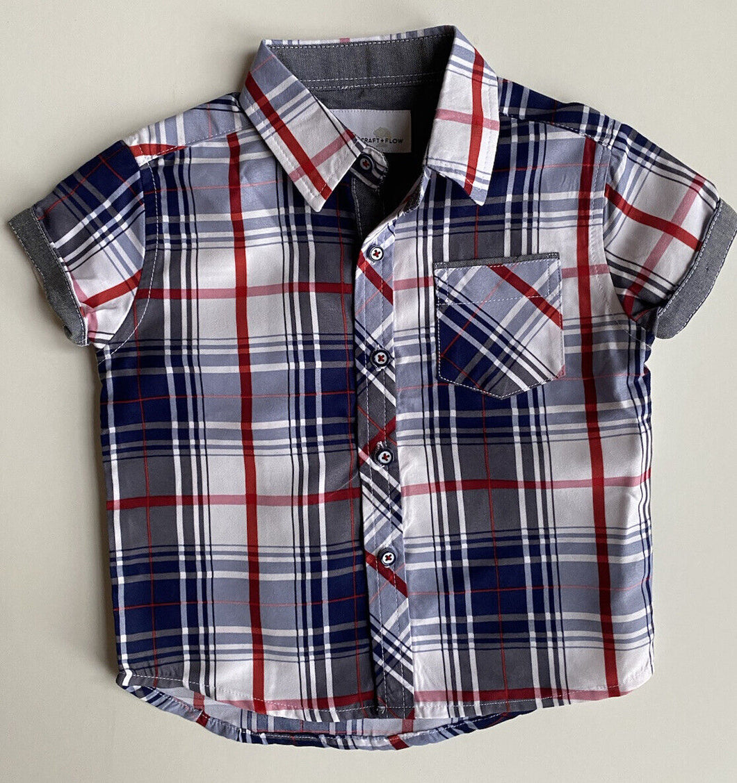 Craft + Flow kids boys toddler size 2 blue red check button up shirt, VGUC