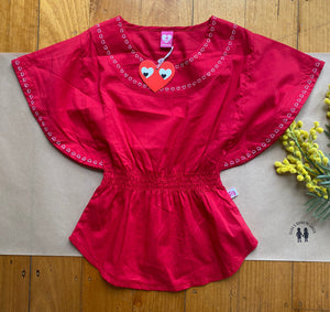 Littlehorn kids girls size 4 years red elastic waist top blouse hearts BNWT