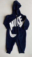 Load image into Gallery viewer, Nike baby unisex size 3-6 months navy blue hooded logo jumpsuit one-piece, VGUC
