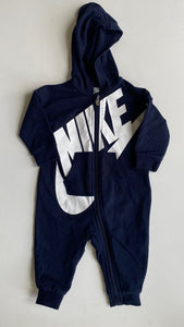 Nike baby unisex size 3-6 months navy blue hooded logo jumpsuit one-piece, VGUC