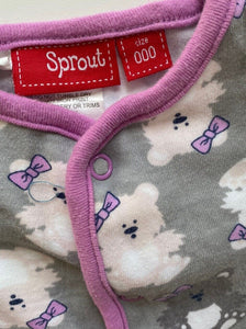 Sprout baby girl size 0-3 months grey purple one-piece bears, VGUC