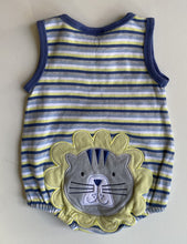 Load image into Gallery viewer, Sprout baby boy size 3-6 months blue yellow stripe romper one-piece lion, VGUC
