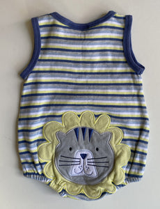 Sprout baby boy size 3-6 months blue yellow stripe romper one-piece lion, VGUC