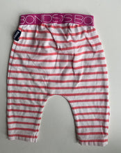 Load image into Gallery viewer, Bonds baby girl size 0-3 months pink white stripe leggings pants, VGUC
