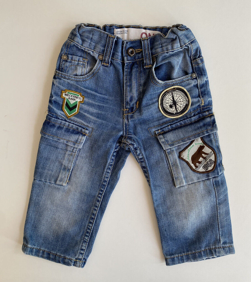 Cotton On baby size 12-18 months blue cargo jeans patches adventure, VGUC