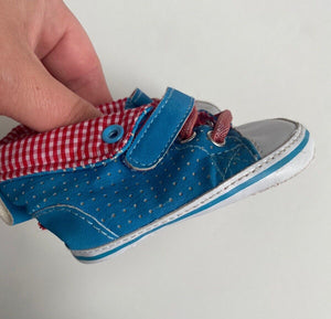 Pumpkin Patch baby size 1 blue red check soft sole pull on shoes, VGUC