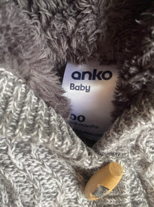 Anko baby size 3-6 months grey knitted hooded duffle cardigan jumper thick, VGUC