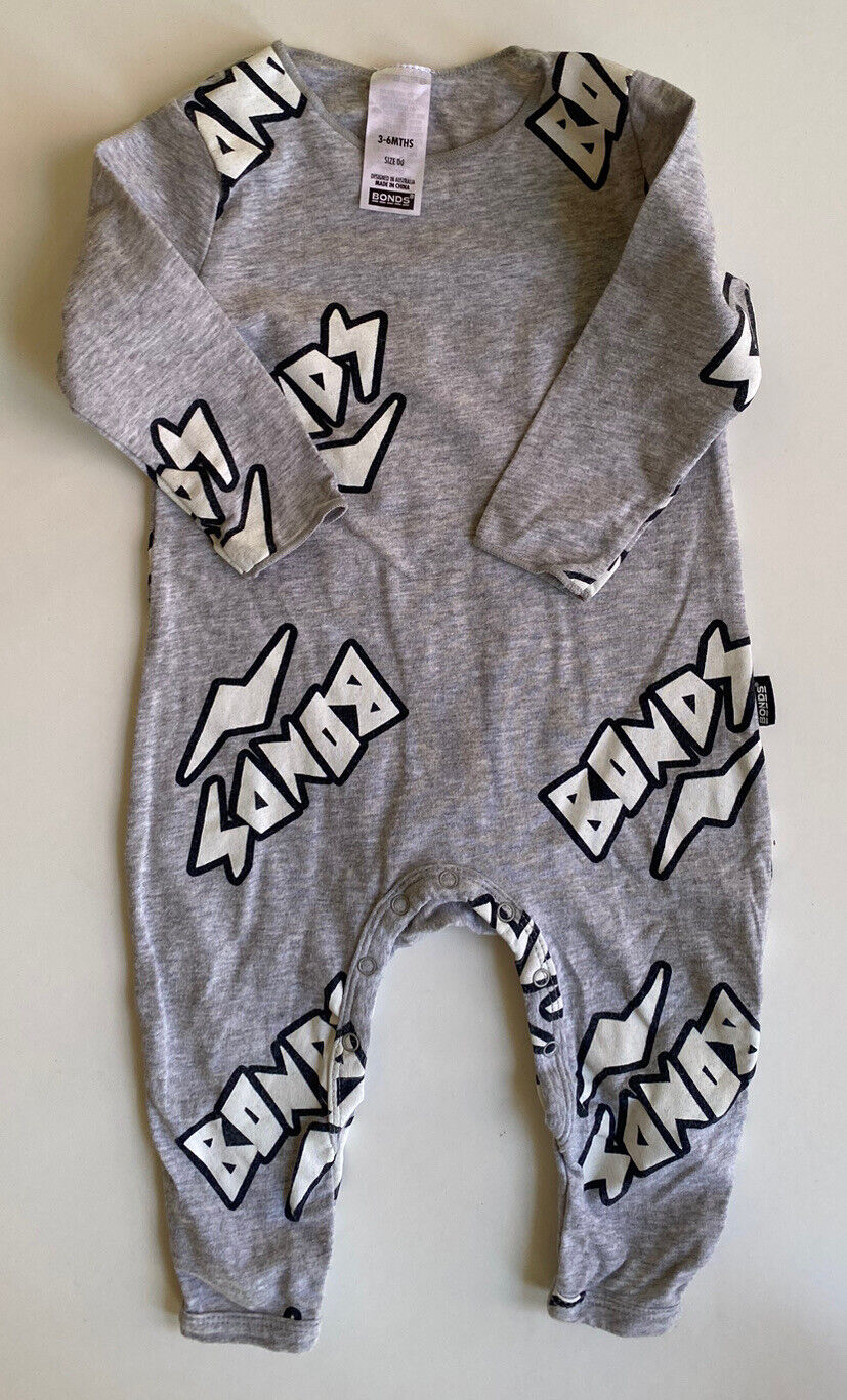 Bonds baby unisex size 3-6 months grey one-piece logo, VGUC