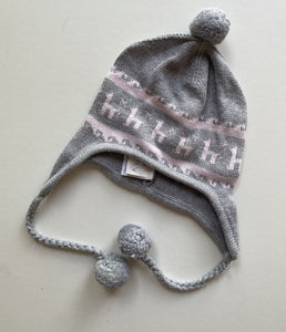 Seed baby one size grey pink knitted beanie hat pom poms, VGUC