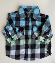 Load image into Gallery viewer, Mini Mango baby boy size 3-6 months black blue check button up shirt, VGUC
