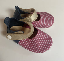 Load image into Gallery viewer, Bobux baby girl size newborn soft sole shoes pink white stripe navy leather, EUC
