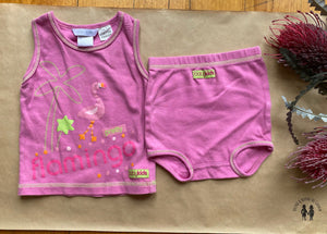 Baby Kids baby girl size 00 pink singlet bloomers set Summer flamingoes, VGUC