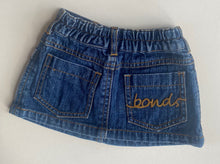 Load image into Gallery viewer, Bonds baby girl size 3-6 months blue denim mini skirt elastic waist, VGUC
