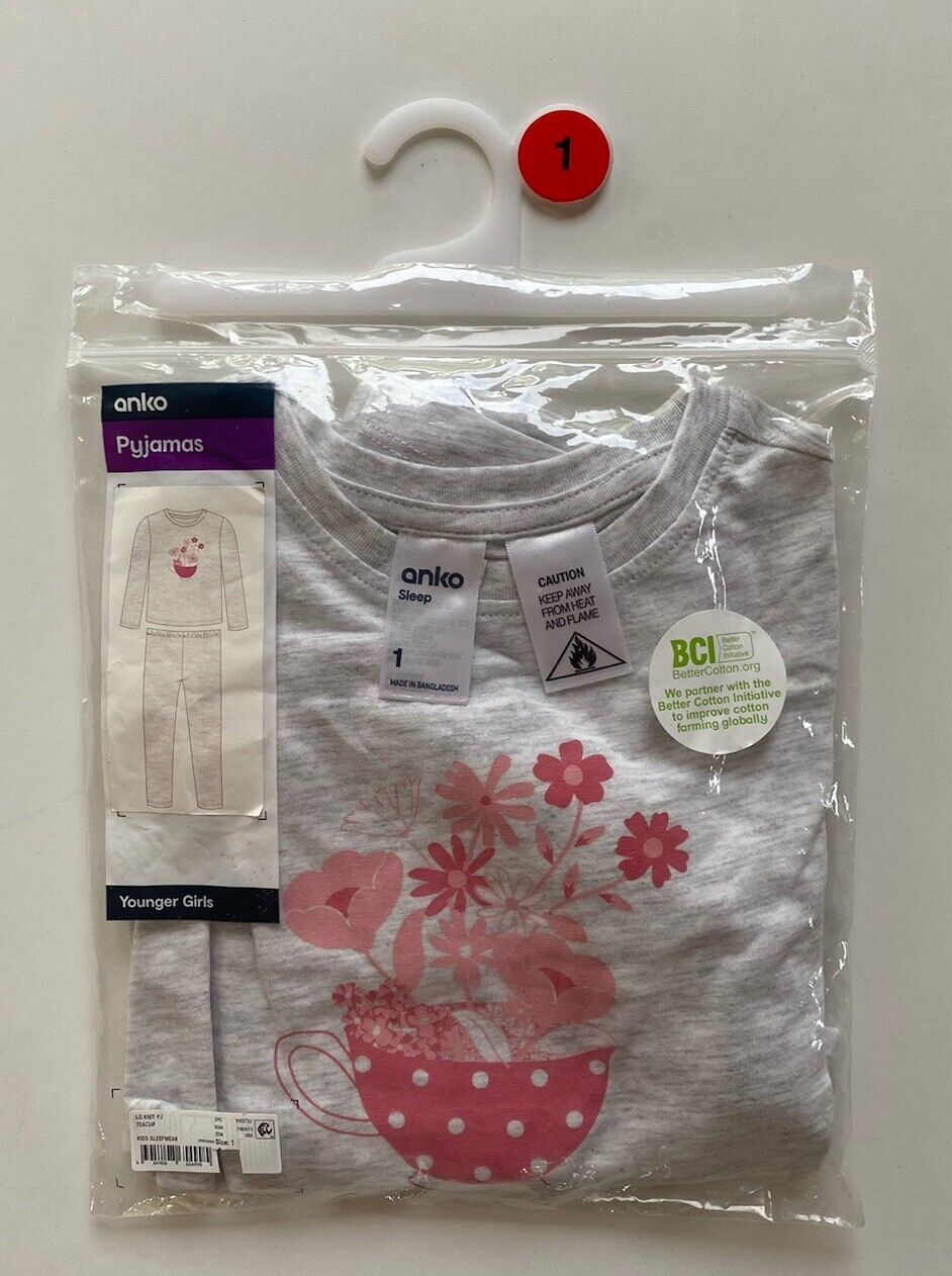 Anko baby girl size 12-18 months grey pink floral PJ set pants top, BNWT