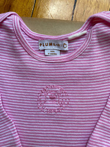 Plum Baby girl size 000 pink striped one-piece with bear, VGUC