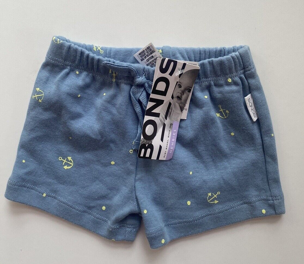 Bonds baby size 0-3 months blue drawstring shorts yellow anchors nautical, BNWT