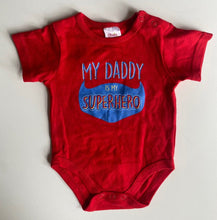 Load image into Gallery viewer, Ollie&#39;s Place baby size 0-3 months red t-shirt bodysuit Superhero Daddy, VGUC
