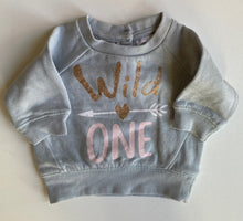 Load image into Gallery viewer, Baby Berry baby girl size newborn blue pullover jumper &#39;Wild One, VGUC
