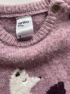 Anko baby girl size 12-18 months purple knit Winter jumper dress fox, VGUC