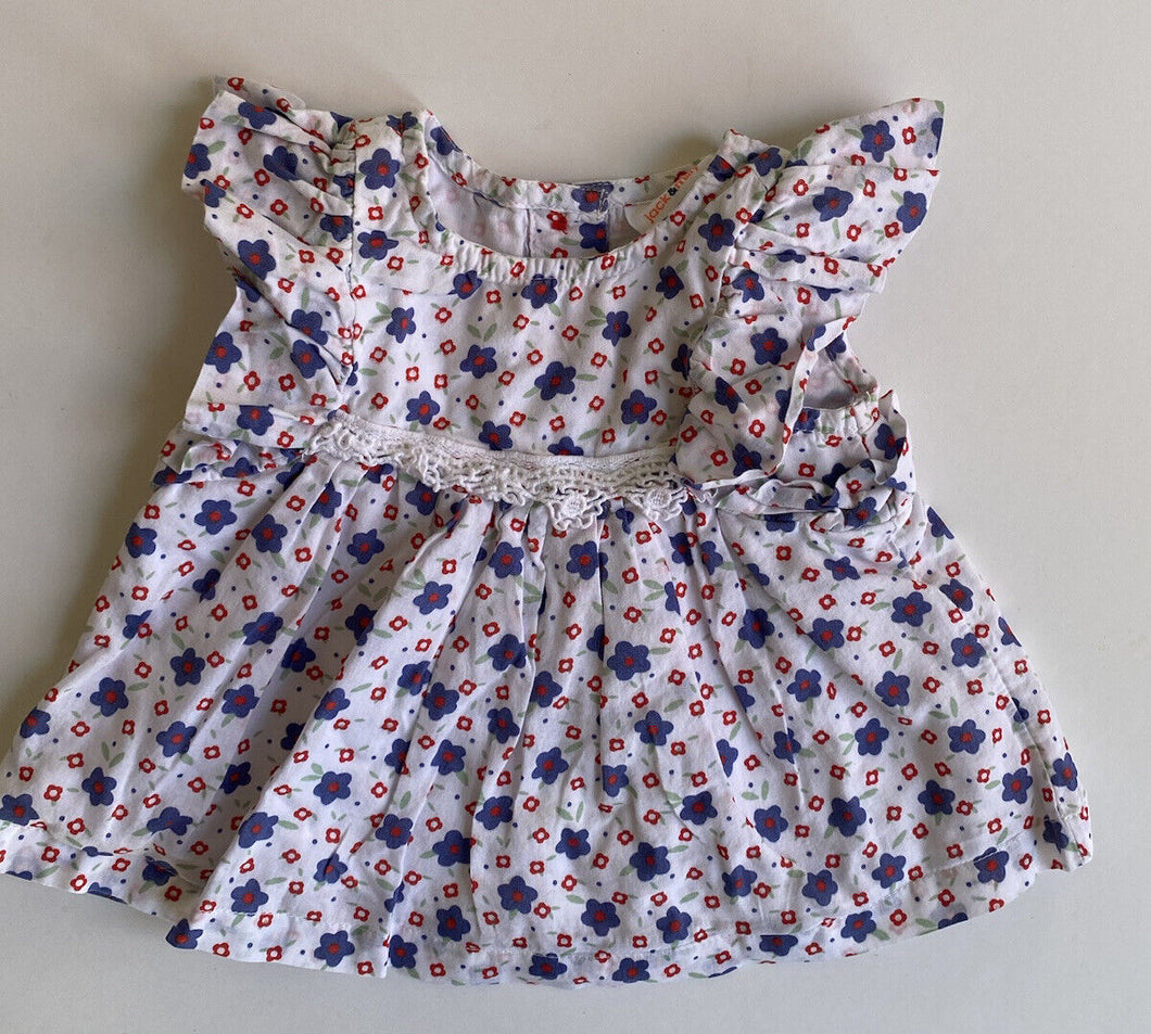 Jack & Milly baby girl size 0-3 months white dress blue red floral frills, VGUC