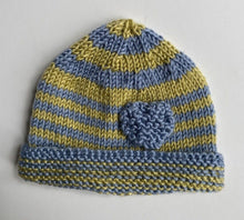 Load image into Gallery viewer, Handmade baby size approx. 0-6 months green blue stripe knitted beanie hat, VGUC
