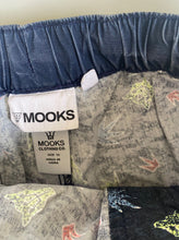 Load image into Gallery viewer, Mooks kids boys size 12 grey blue drawstring shorts coloured logos VGUC
