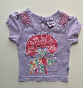 Mambo baby girl size 3-6 months purple short sleeve t-shirt elephant, VGUC