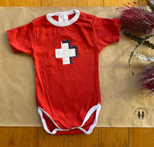 Load image into Gallery viewer, DK baby size 3-6 months red t-shirt bodysuit white cross Swisse, VGUC
