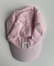 Load image into Gallery viewer, Seed baby girl one size approx. 6-12 months pink white stripe cap &#39;H&#39;, VGUC
