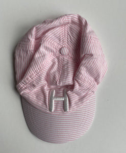 Seed baby girl one size approx. 6-12 months pink white stripe cap 'H', VGUC