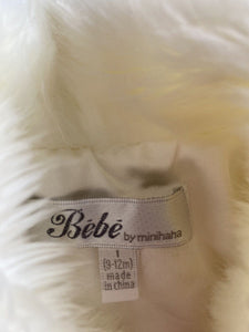 Bebe by Minihaha baby girl size 9-12 months white fluffy bolero jacket bow, EUC