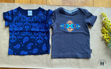 Load image into Gallery viewer, Bonds baby boy size 0-3 months x2 blue t-shirts Summer paisley patterned, EUC
