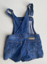 Load image into Gallery viewer, Mayoral kids girls size 6 blue denim shortalls one-piece flowers, VGUC
