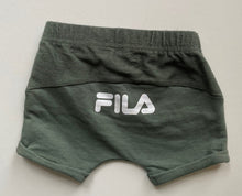 Load image into Gallery viewer, Fila baby size 0-3 months olive green elastic waist shorts logo, EUC
