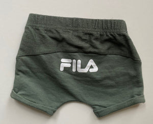 Fila baby size 0-3 months olive green elastic waist shorts logo, EUC