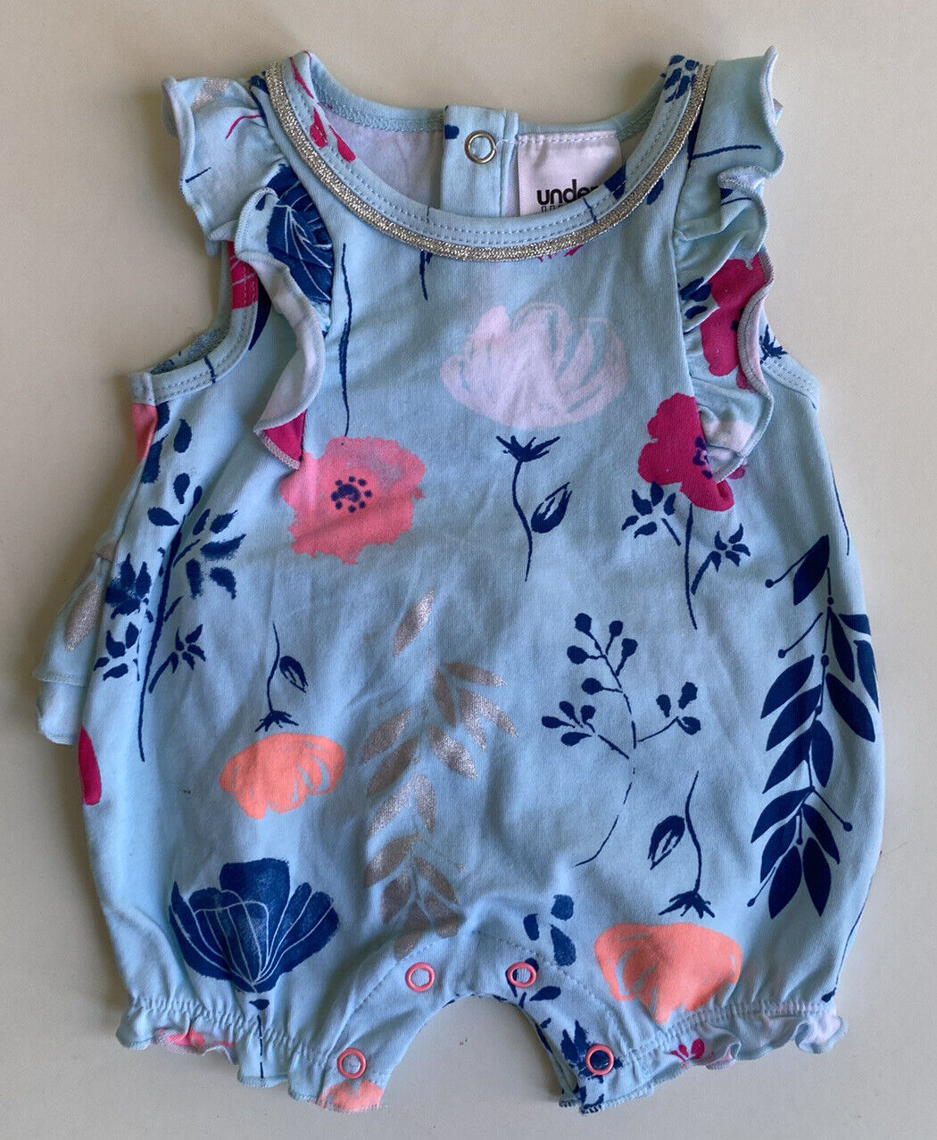 Underworks baby girl size newborn blue romper one-piece pink floral, VGUC