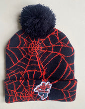 Load image into Gallery viewer, Marvel Spiderman size S navy blue red knitted spiderweb beanie hat, EUC
